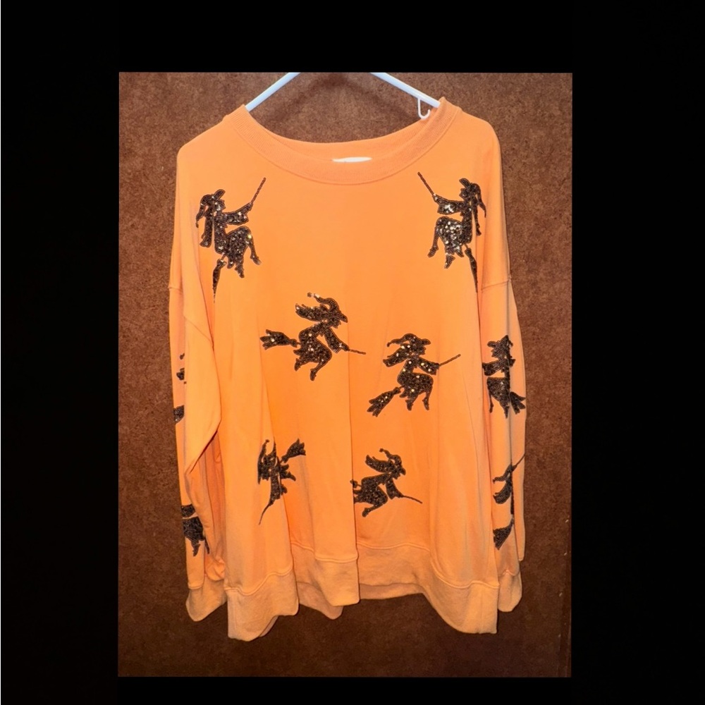 Fantastic Fawn Orange Witch Sweatshirt with Black Sequin Design